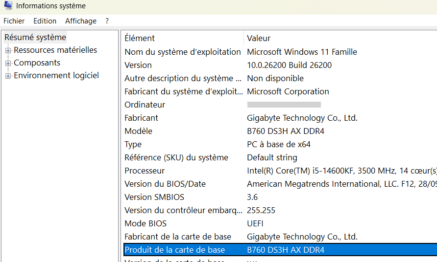 Fenêtre Informations système de Windows 11, Résumé système : la ligne « Fabricant de la carte de base » indique Gigabyte Technology Co., Ltd. et la ligne « Produit de la carte de base » B760 DS3H AX DDR4.